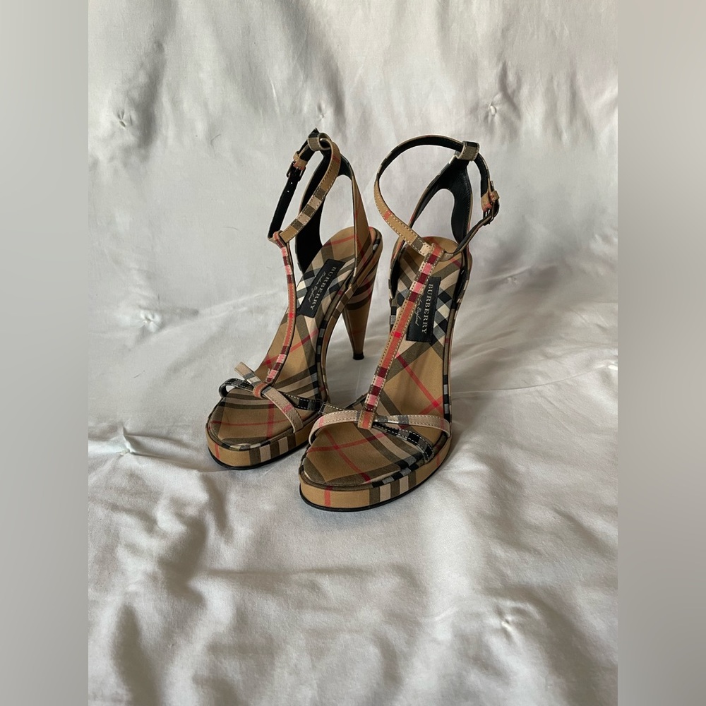 BURBERRY Vintage Check Cotton High-heel Sandals, Brand Size 38 (5 US)